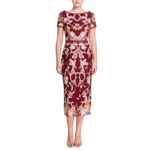 MARCHESA NOTTE Embroidered Guipure Tea Dress 4 Floral Metallic Holiday Party